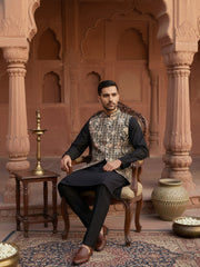 Kurta Pyjama Set with Floral Embroidered Waistcoat ( 65KPWCS 5477Black ) [FF] [H-12]