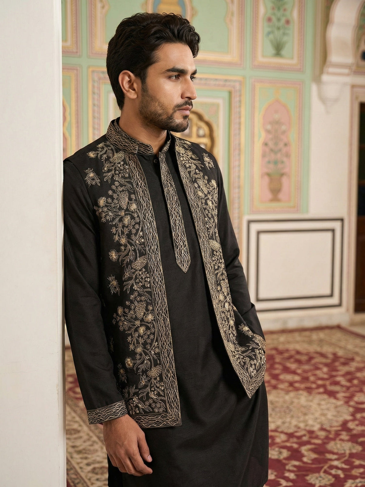Silk Blend Embroidered Waistcoat Kurta Set ( 65KPWCS 5478Black ) [FF] [H-12]
