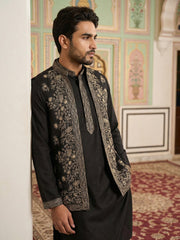 Silk Blend Embroidered Waistcoat Kurta Set ( 65KPWCS 5478Black ) [FF] [H-12]