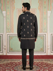 Silk Blend Embroidered Waistcoat Kurta Set ( 65KPWCS 5478Black ) [FF] [H-12]