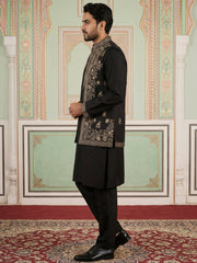 Silk Blend Embroidered Waistcoat Kurta Set ( 65KPWCS 5478Black ) [FF] [H-12]