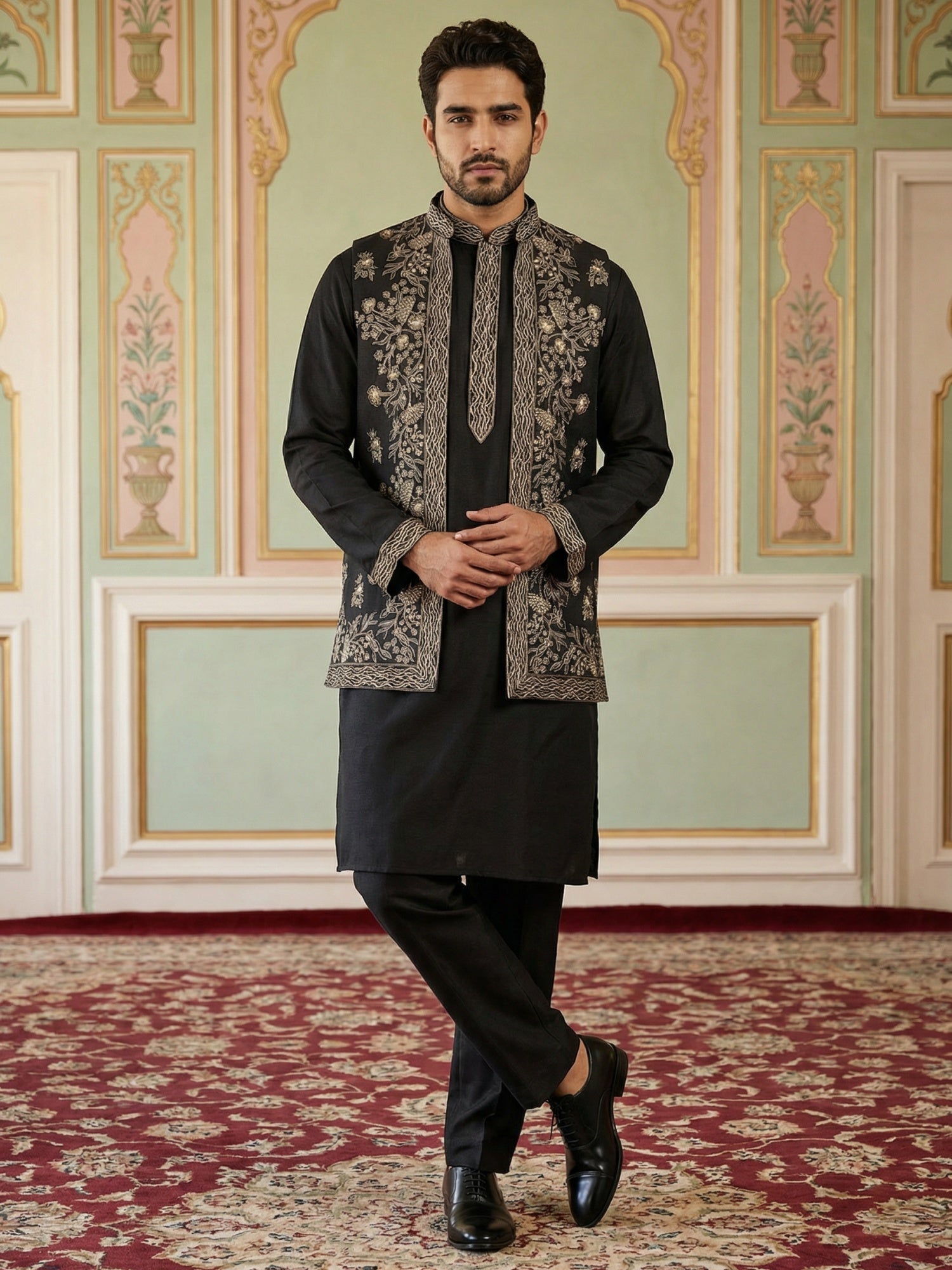 DesiQlo Men Embroidered Nehru Jacket and Kurta Pyjama S - 65KPWCS_5478