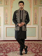 Silk Blend Embroidered Waistcoat Kurta Set ( 65KPWCS 5478Black ) [FF] [H-12]