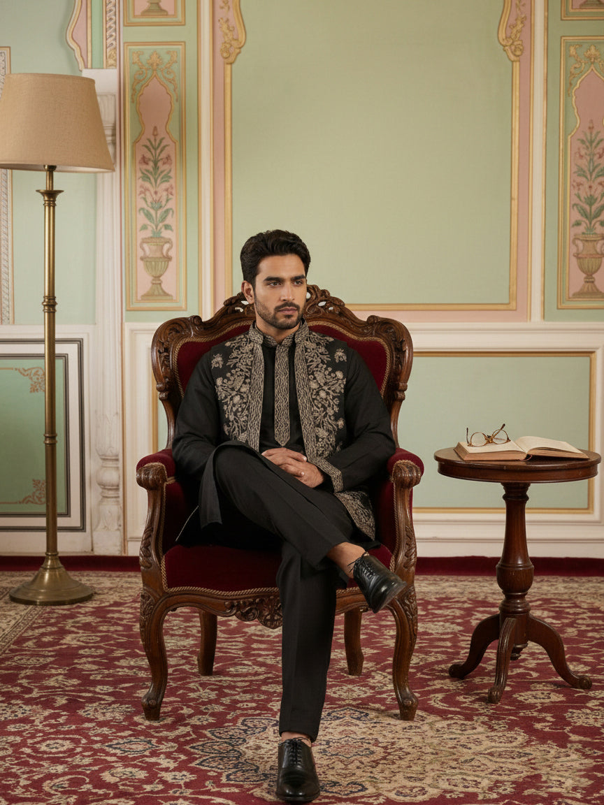 DesiQlo Men Embroidered Nehru Jacket and Kurta Pyjama S - 65KPWCS_5478