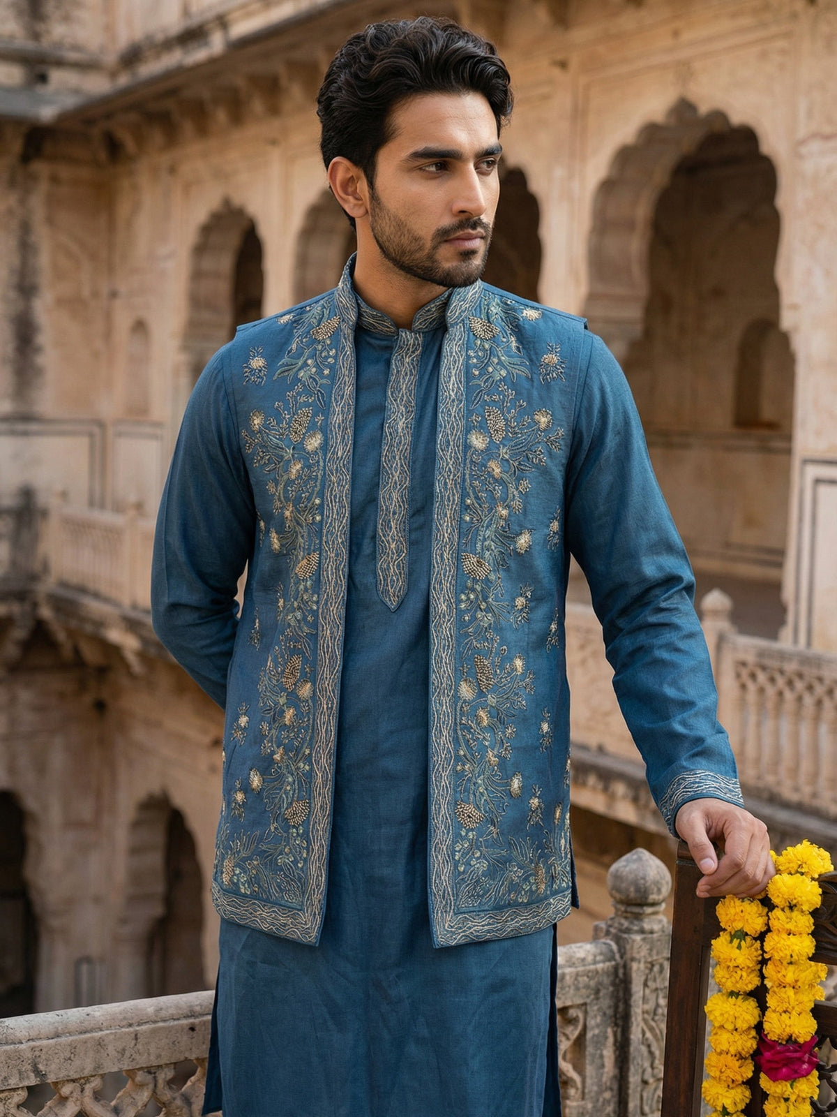 Silk Blend Embroidered Waistcoat Kurta Set ( 65KPWCS 5478Blue ) [FF] [H-12]
