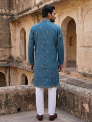 Silk Blend Embroidered Waistcoat Kurta Set ( 65KPWCS 5478Blue ) [FF] [H-12]