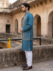 Silk Blend Embroidered Waistcoat Kurta Set ( 65KPWCS 5478Blue ) [FF] [H-12]