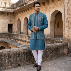 Silk Blend Embroidered Waistcoat Kurta Set ( 65KPWCS 5478Blue ) [FF] [H-12]