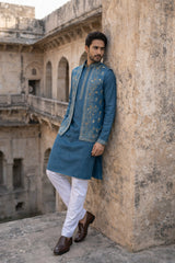 Silk Blend Embroidered Waistcoat Kurta Set ( 65KPWCS 5478Blue ) [FF] [H-12]