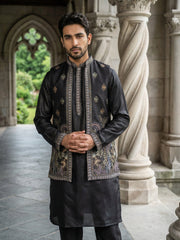 Silk Blend Embroidered Kurta with Pyjama & Waistcoat ( 65KPWCS 5479Black ) [FF] [H-12]