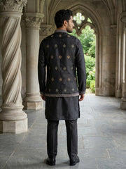 Silk Blend Embroidered Kurta with Pyjama & Waistcoat ( 65KPWCS 5479Black ) [FF] [H-12]