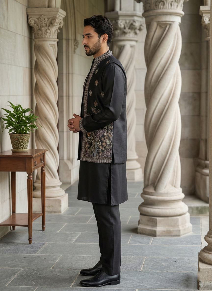 DesiQlo Men Embroidered Nehru Jacket and Kurta Pyjama S - 65KPWCS_5479