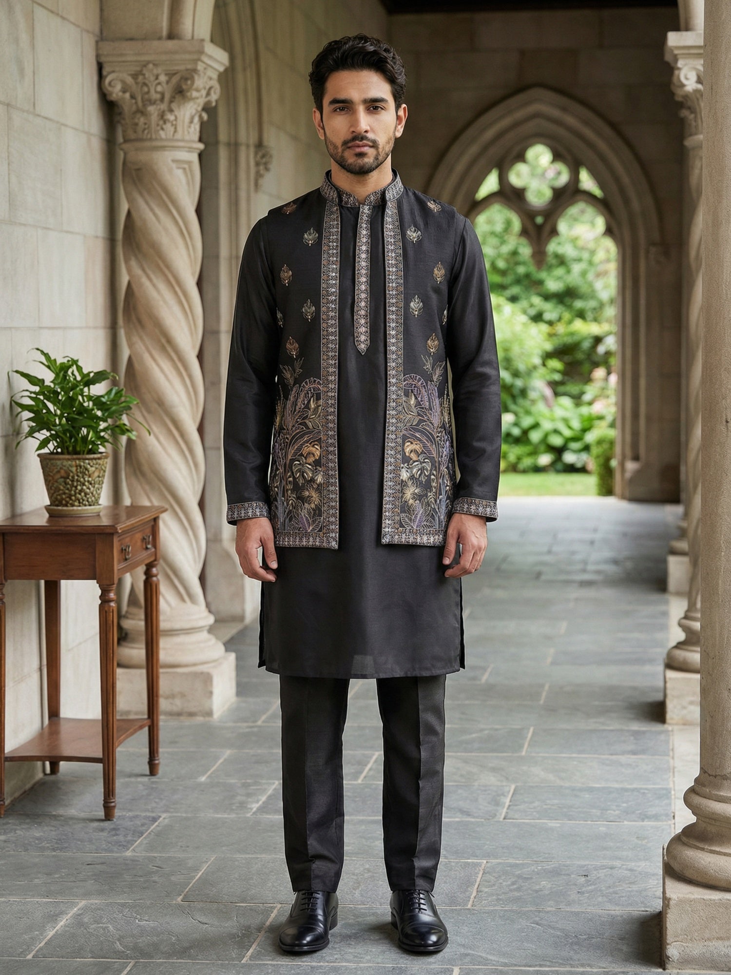 DesiQlo Men Embroidered Nehru Jacket and Kurta Pyjama S - 65KPWCS_5479