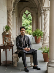 Silk Blend Embroidered Kurta with Pyjama & Waistcoat ( 65KPWCS 5479Black ) [FF] [H-12]