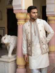 Silk Blend Embroidered Kurta with Pyjama & Waistcoat ( 65KPWCS 5479White ) [FF] [H-12]