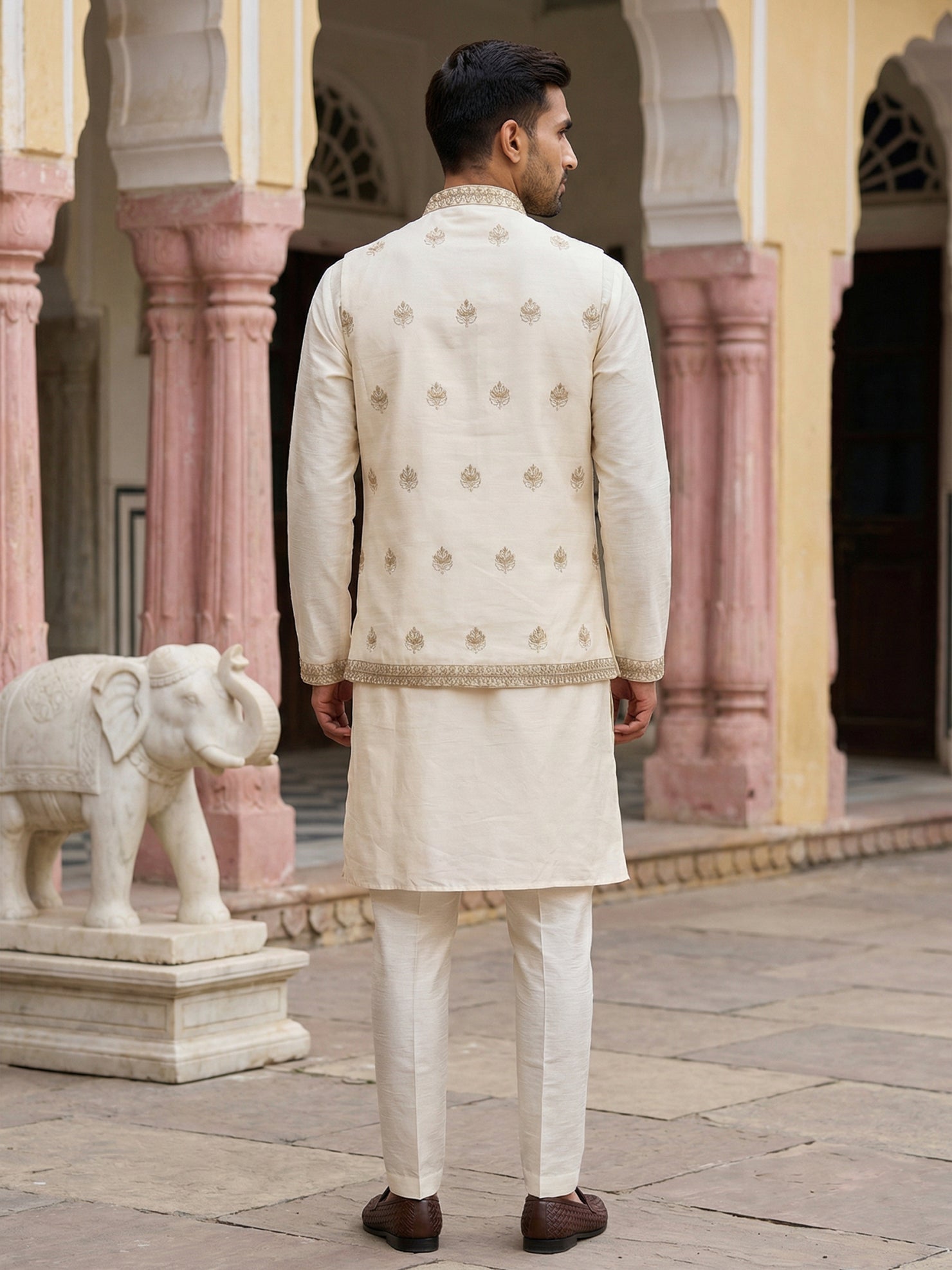 DesiQlo Men Embroidered Nehru Jacket and Kurta Pyjama S - 65 9whi 2
