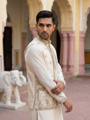 Silk Blend Embroidered Kurta with Pyjama & Waistcoat ( 65KPWCS 5479White ) [FF] [H-12]