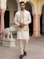 Silk Blend Embroidered Kurta with Pyjama & Waistcoat ( 65KPWCS 5479White ) [FF] [H-12]