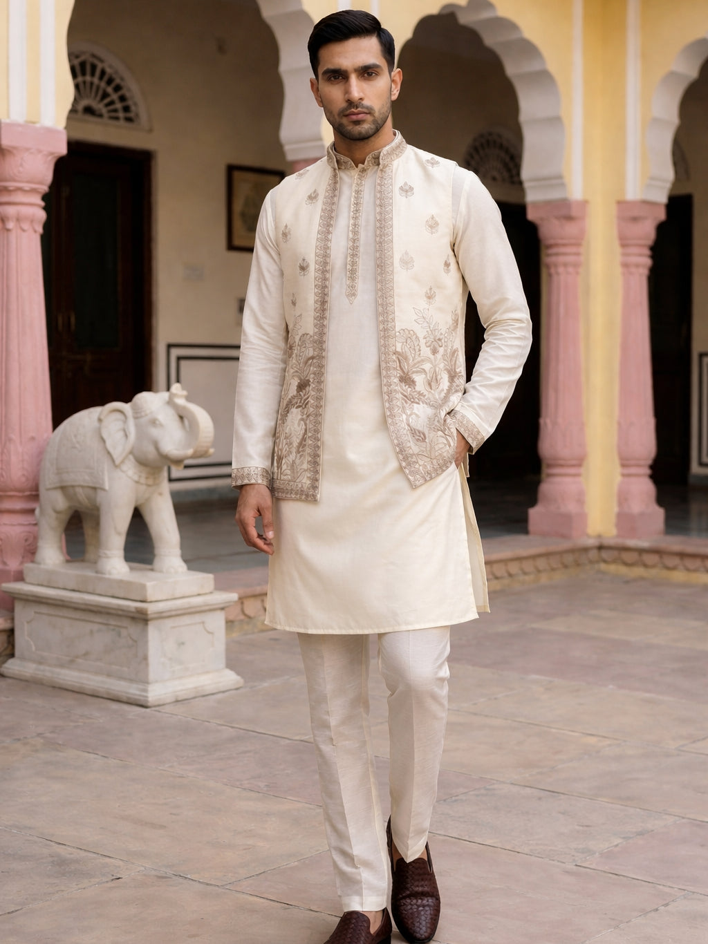 DesiQlo Men Embroidered Nehru Jacket and Kurta Pyjama S - 65 9whi 2