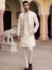 Silk Blend Embroidered Kurta with Pyjama & Waistcoat ( 65KPWCS 5479White ) [FF] [H-12]