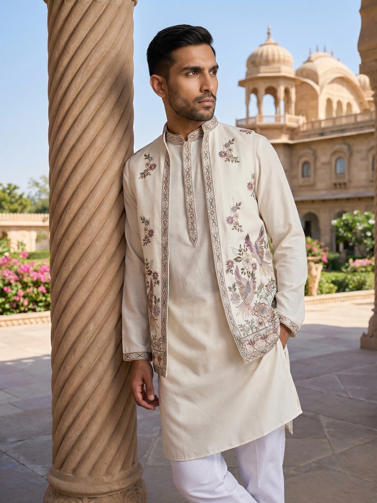 DesiQlo Men Embroidered Nehru Jacket and Kurta Pyjama S - 65KPWCS_5480
