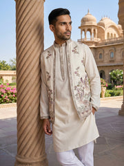Silk Blend Kurta with Pyjama & Waistcoat ( 65KPWCS 5480White ) [FF] [H-12]