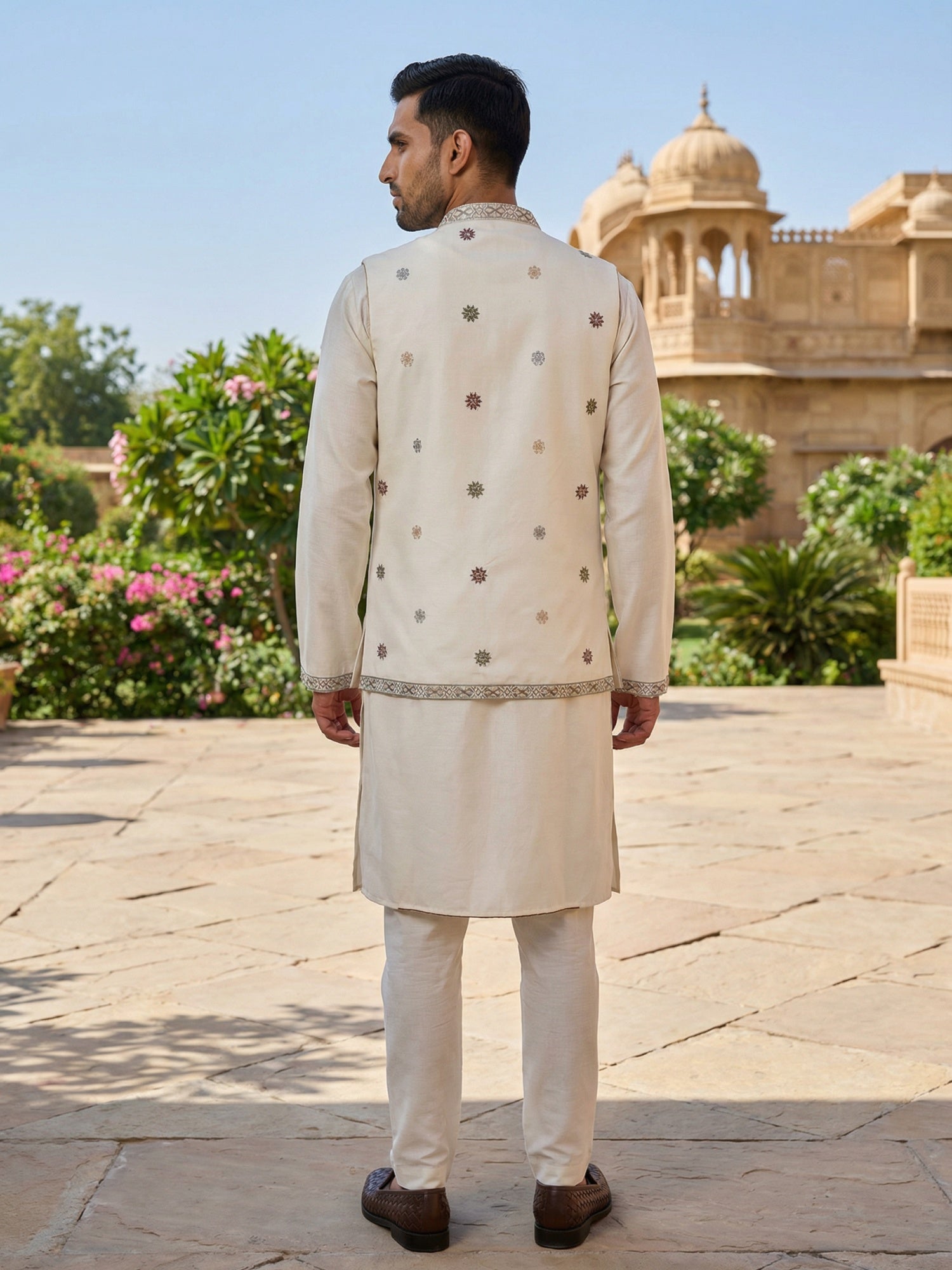 DesiQlo Men Embroidered Nehru Jacket and Kurta Pyjama S - 65KPWCS_5480