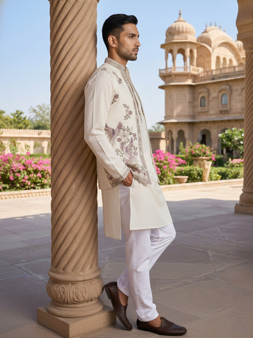 DesiQlo Men Embroidered Nehru Jacket and Kurta Pyjama S - 65KPWCS_5480