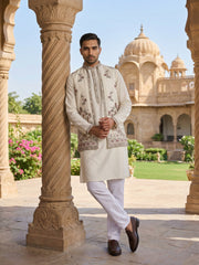 Silk Blend Kurta with Pyjama & Waistcoat ( 65KPWCS 5480White ) [FF] [H-12]