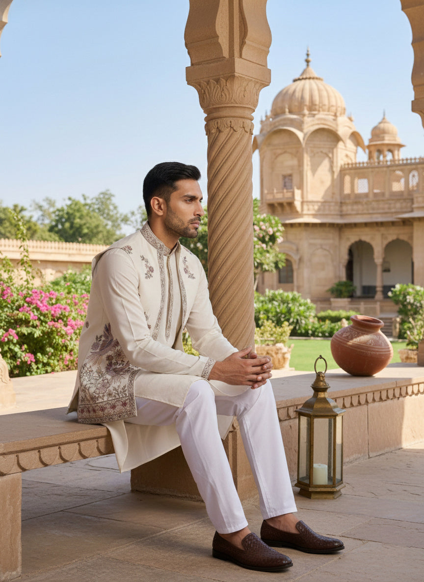 DesiQlo Men Embroidered Nehru Jacket and Kurta Pyjama S - 65KPWCS_5480