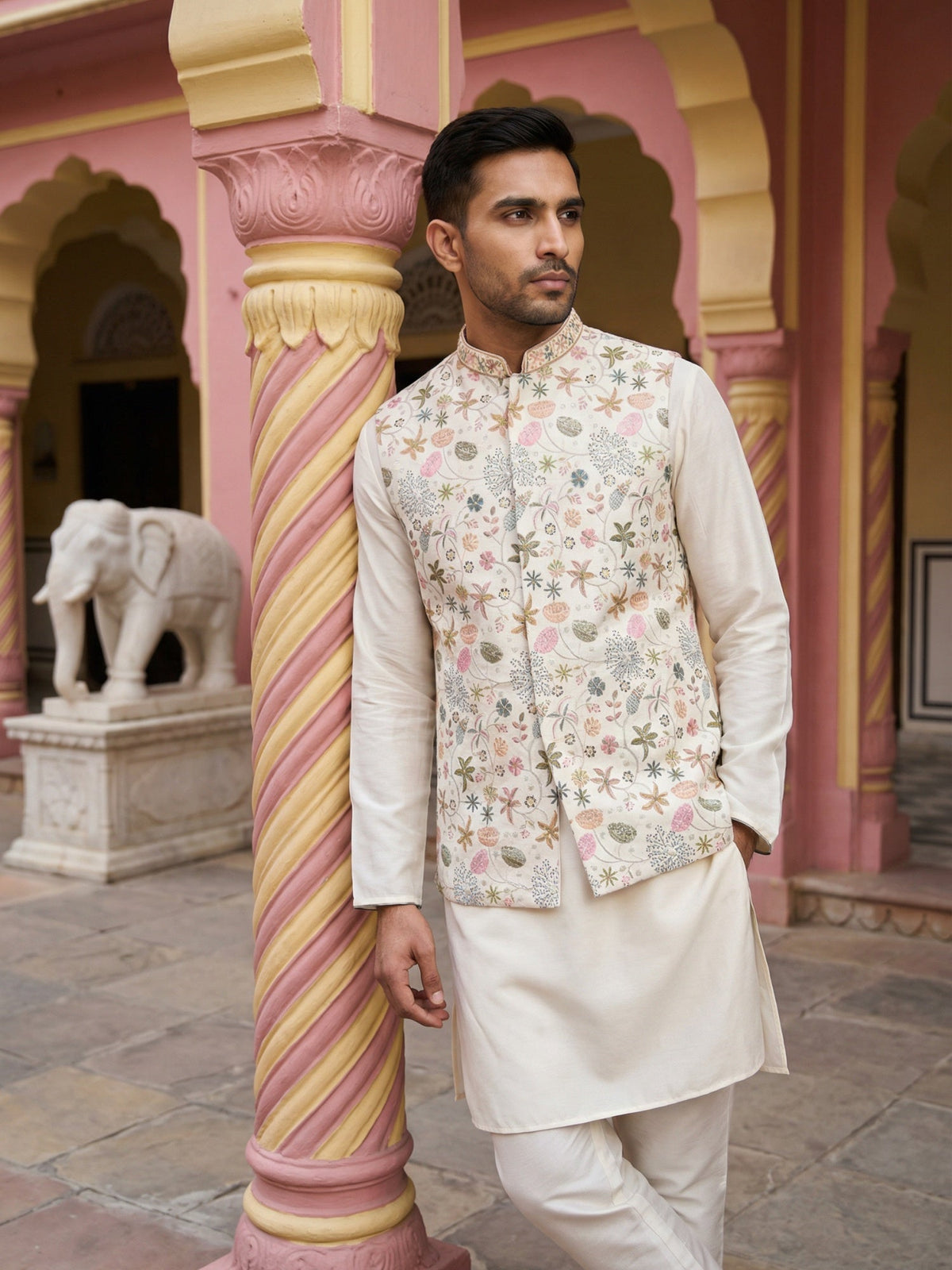Cotton Blend Kurta Set with Designer Waistcoat ( 65KPWCS 5481White ) [FF] [A-1-2-3-4]