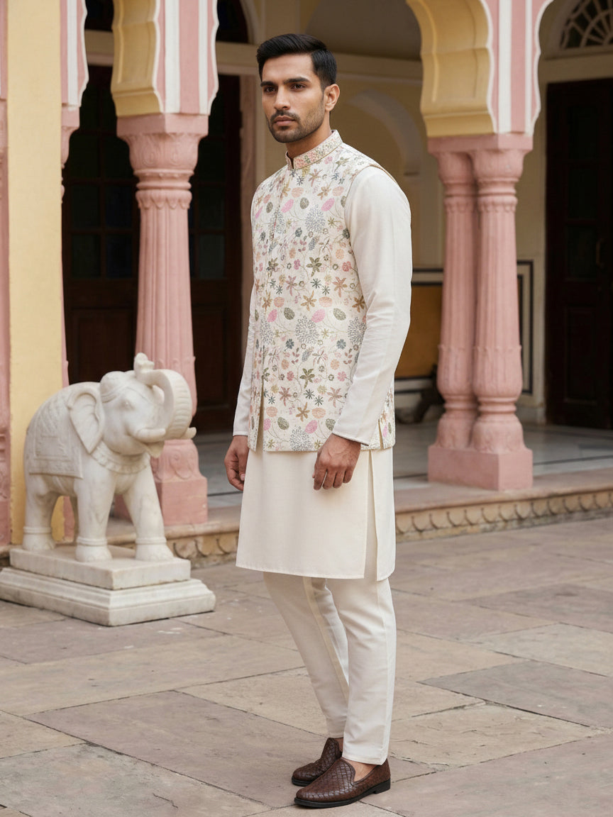 DesiQlo Men Embroidered Nehru Jacket and Kurta Pyjama S - 65KPWCS_5481