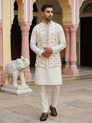 Cotton Blend Kurta Set with Designer Waistcoat ( 65KPWCS 5481White ) [FF] [A-1-2-3-4]