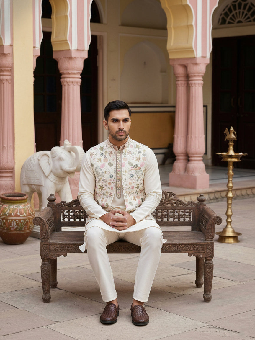 DesiQlo Men Embroidered Nehru Jacket and Kurta Pyjama S - 65KPWCS_5481