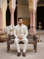 Cotton Blend Kurta Set with Designer Waistcoat ( 65KPWCS 5481White ) [FF] [A-1-2-3-4]