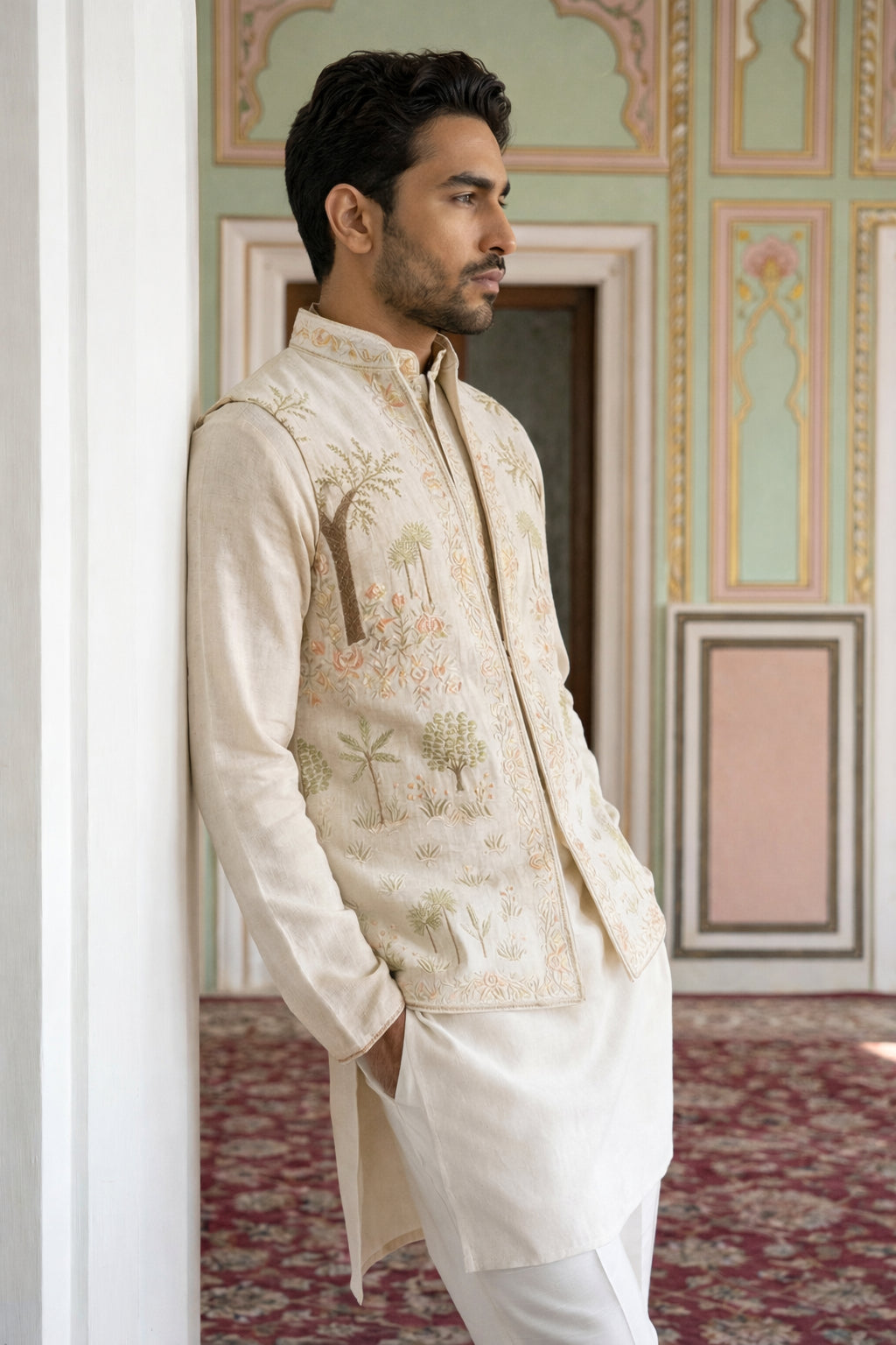DesiQlo Men Embroidered Nehru Jacket and Kurta Pyjama S - 65KPWCS_5491