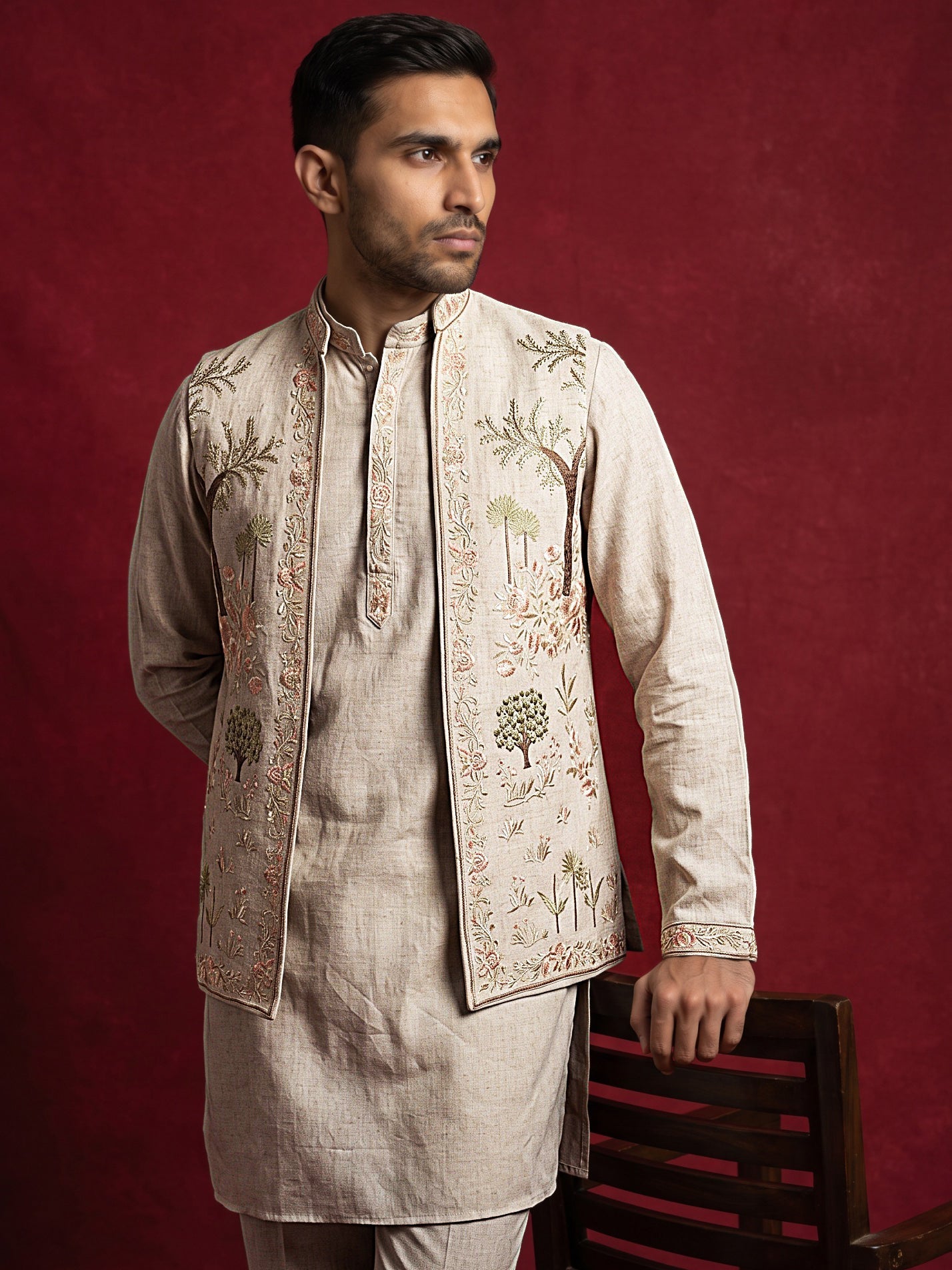 DesiQlo Men Embroidered Nehru Jacket and Kurta Pyjama Set - Beige