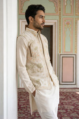 Cotton Kurta with Pyjama & Waistcoat ( 65KPWCS 5491Beige ) [FF] [H-12]