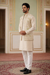 Cotton Kurta with Pyjama & Waistcoat ( 65KPWCS 5491Beige ) [FF] [H-12]