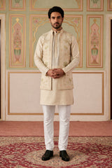 Cotton Kurta with Pyjama & Waistcoat ( 65KPWCS 5491Beige ) [FF] [H-12]