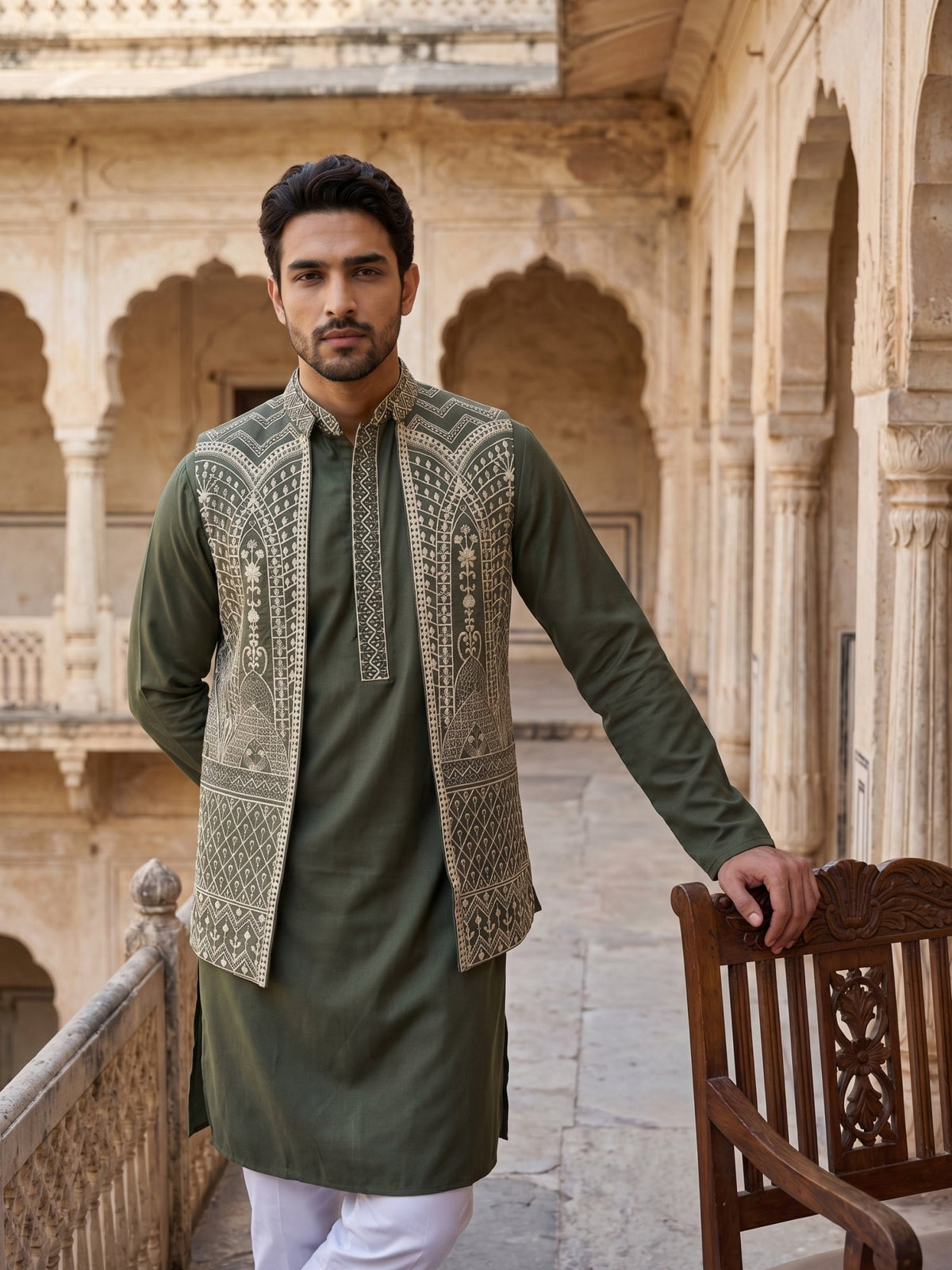 Silk Blend Embroidered Kurta Pyjama with Jacket ( 65KPWCS 5534Mehndi )