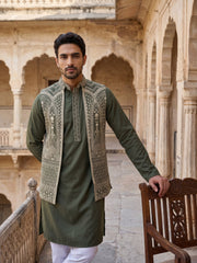 Silk Blend Embroidered Kurta Pyjama with Jacket ( 65KPWCS 5534Mehndi )