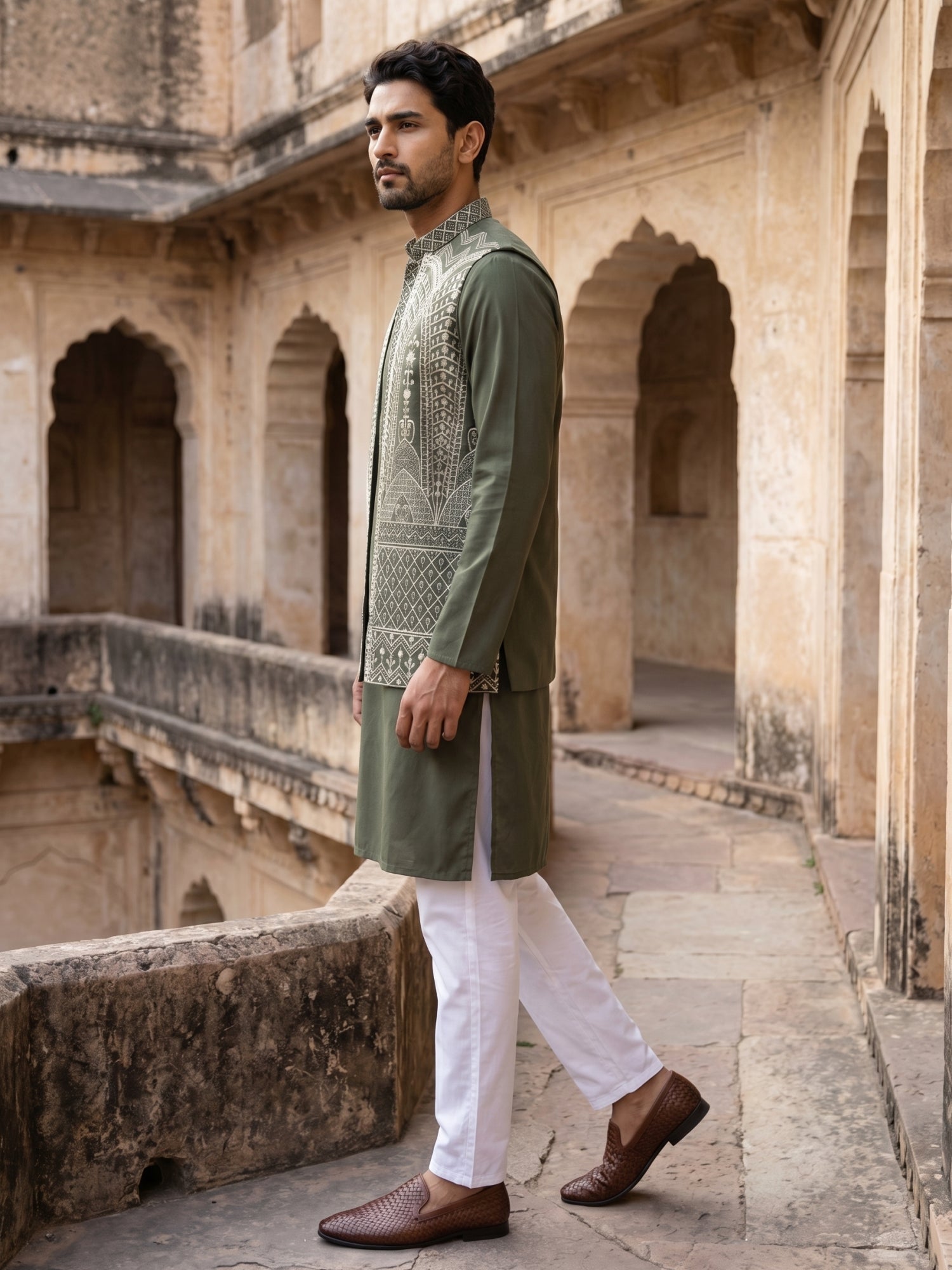 DesiQlo Men Embroidered Nehru Jacket and Kurta Pyjama S - 65KPWCS_5534