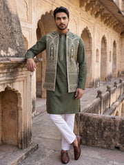 Silk Blend Embroidered Kurta Pyjama with Jacket ( 65KPWCS 5534Mehndi )
