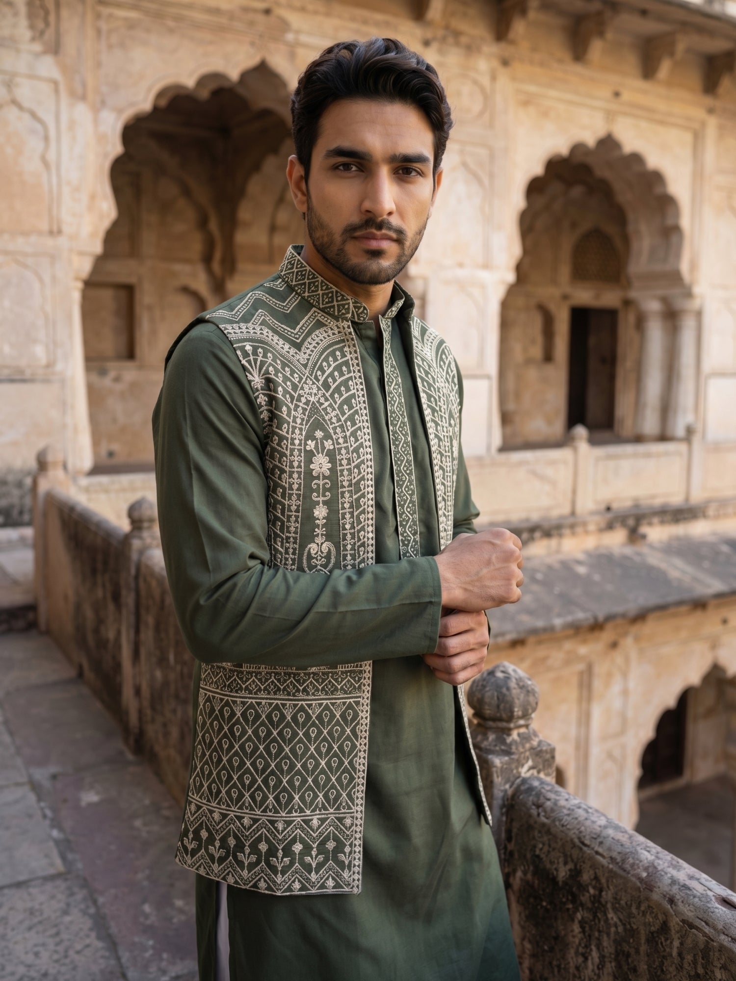 DesiQlo Men Embroidered Nehru Jacket and Kurta Pyjama S - 65KPWCS_5534