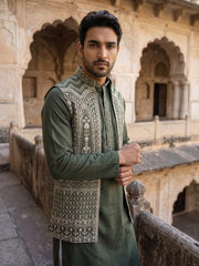 Silk Blend Embroidered Kurta Pyjama with Jacket ( 65KPWCS 5534Mehndi )
