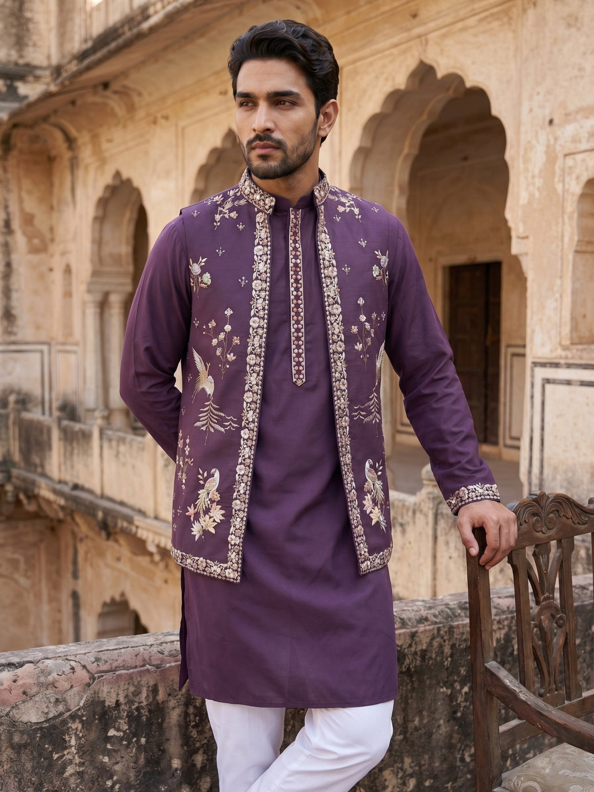 Silk Blend Floral Embroidered Kurta Set with Waistcoat ( 65KPWCS 5535Purple )