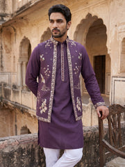 Silk Blend Floral Embroidered Kurta Set with Waistcoat ( 65KPWCS 5535Purple )
