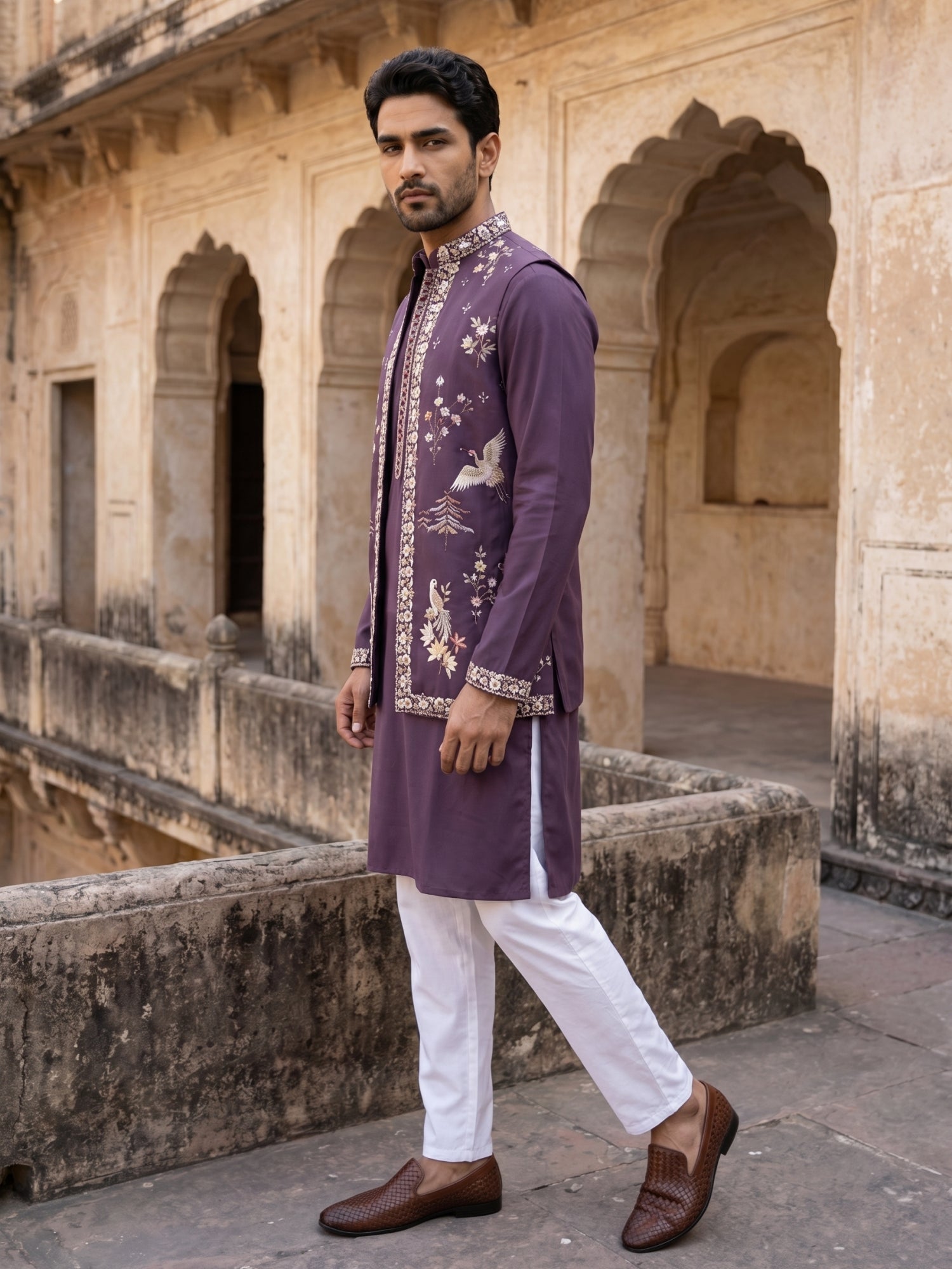 DesiQlo Men Embroidered Nehru Jacket and Kurta Pyjama S - 65KPWCS_5535