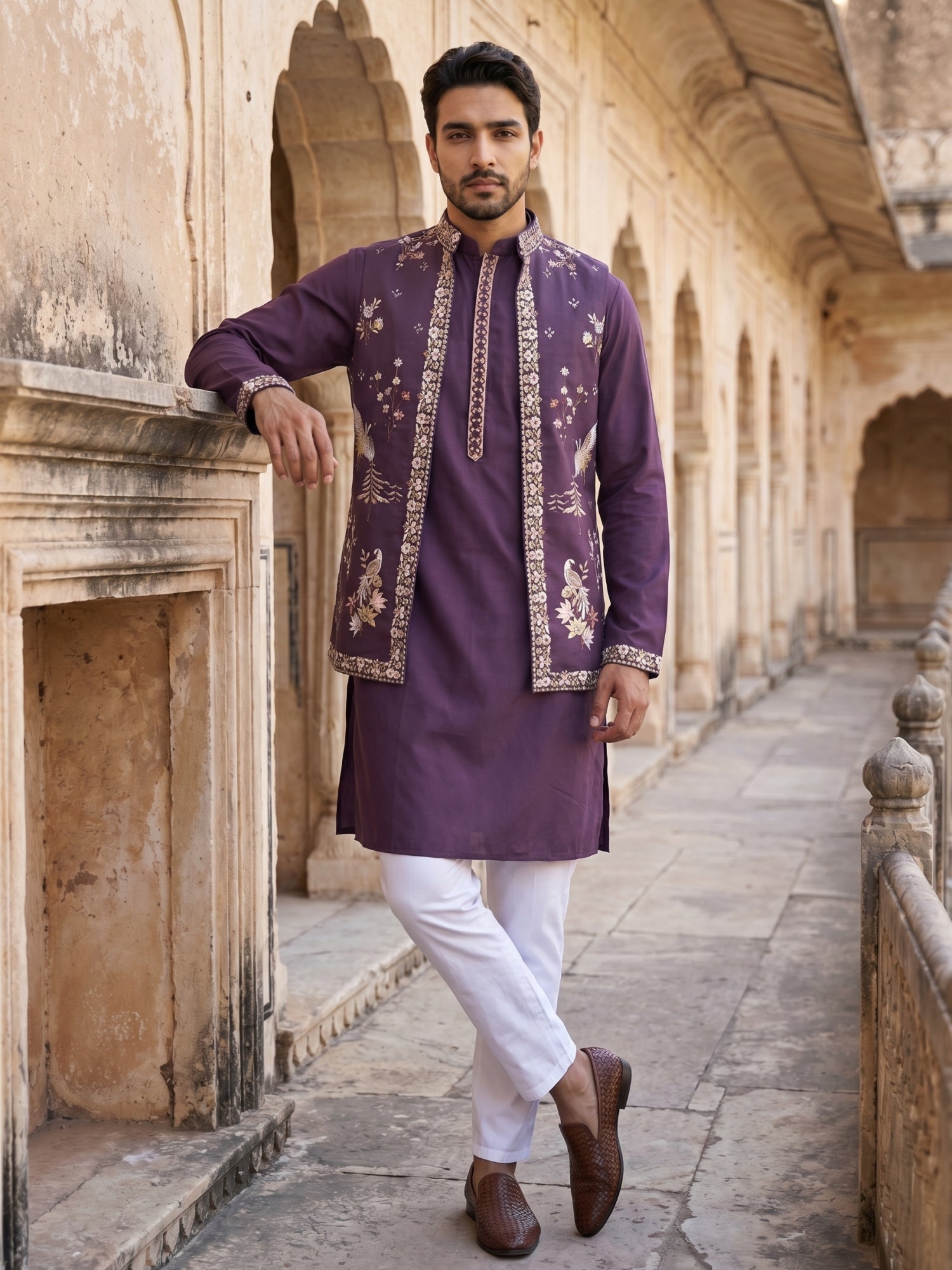 DesiQlo Men Embroidered Nehru Jacket and Kurta Pyjama S - 65KPWCS_5535